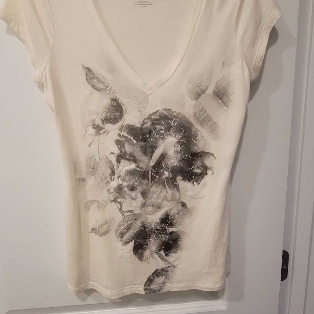 Express Cream and Black Floral Short Sleeve Top